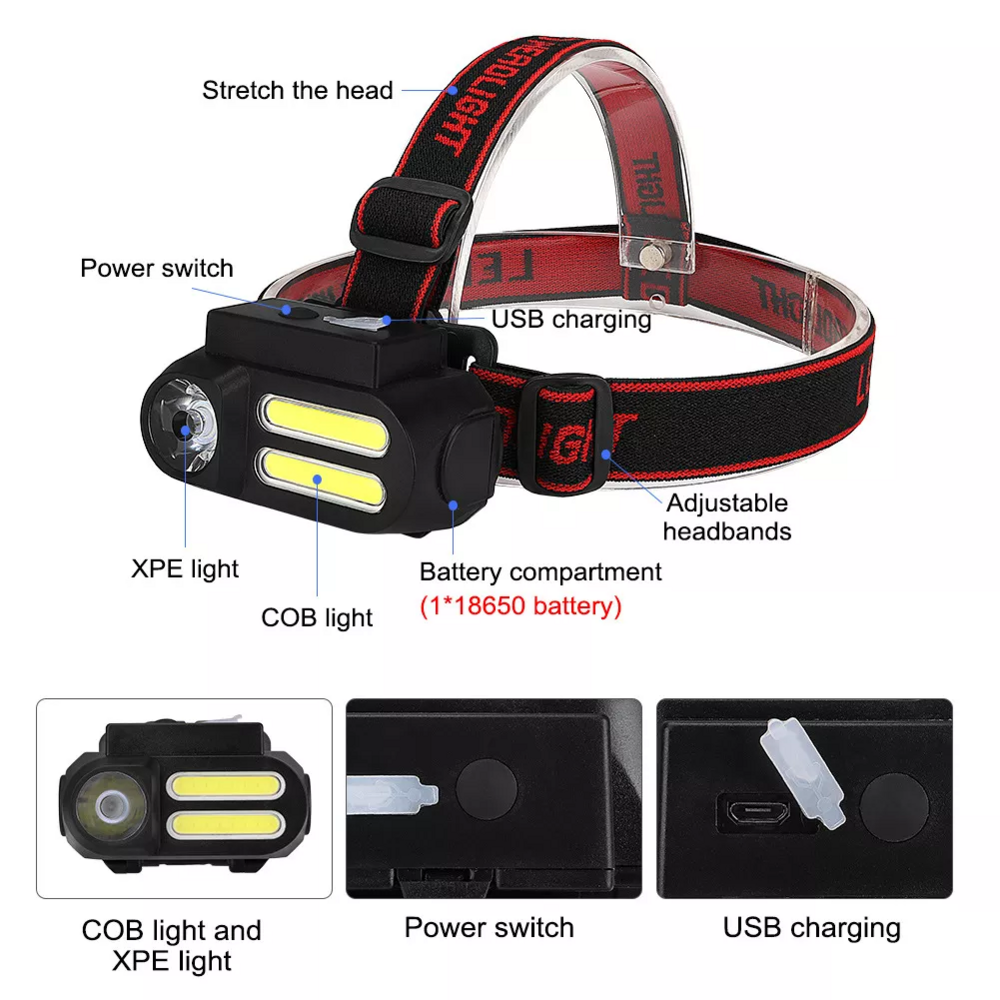 Factory Wholesale USB Rechargeable Multifunctional Outdoor Hiking Headlight Camping Running Emergency Use COB LED Headlamp