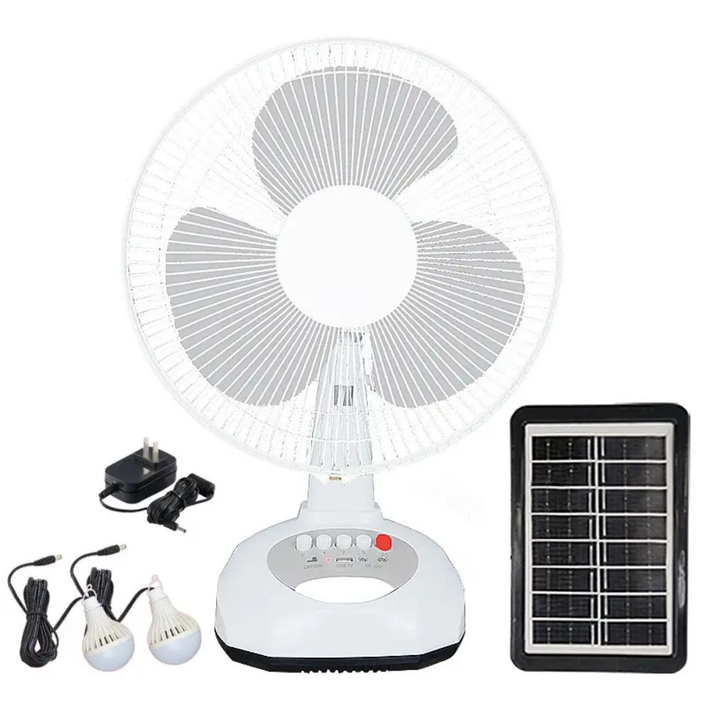 16-Inch AC DC Solar Rechargeable Table Fan with USB Charging Port LED Bulb And Output